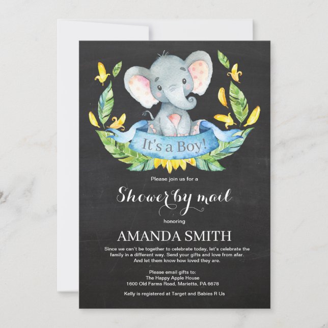 Invitation Chalkboard Boy Elephant Baby shower par courrier (Devant)