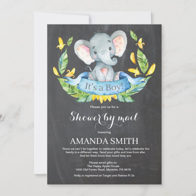 Invitation Chalkboard Boy Elephant Baby shower par courrier (Devant)