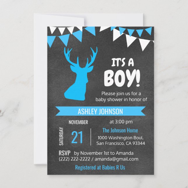 Invitation Chalkboard Buck Deer Blue BOY Baby shower Invitati (Devant)