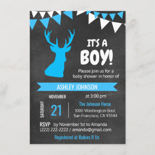 Invitation Chalkboard Buck Deer Blue BOY Baby shower Invitati