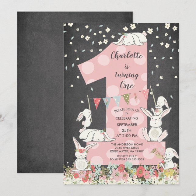 Invitation Chalkboard Bunny Big One Girls Anniversaire Invita (Devant / Derrière)