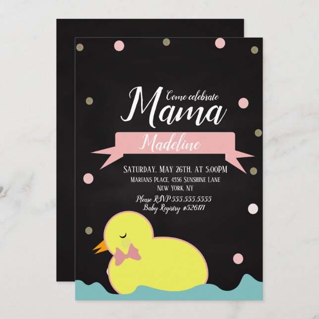 Invitation Chalkboard Canard Aquatic Faux Gold Baby shower (Devant / Derrière)