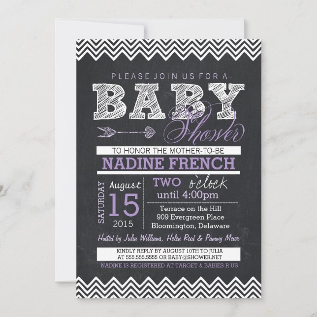 Invitation Chalkboard Chevron Baby shower Invitation, Fille (Devant)