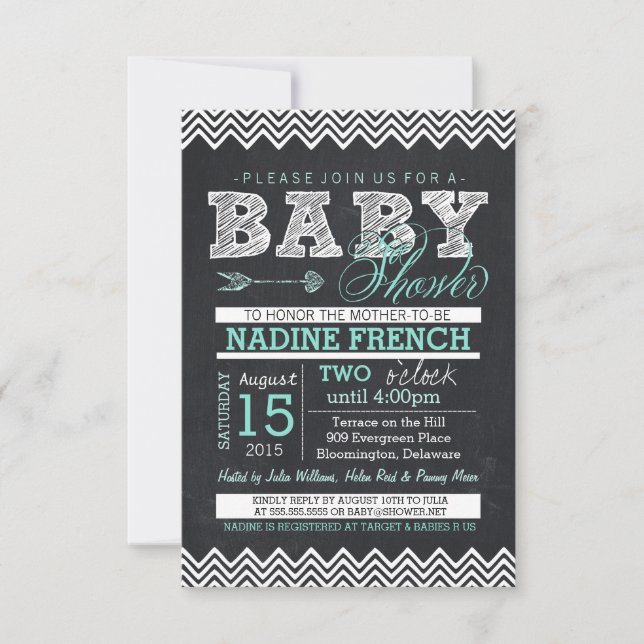 Invitation Chalkboard Chevron Baby shower Invitation, menthe (Devant)