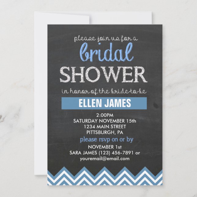 Invitation Chalkboard Chevron Fête de l'mariée Blue (Devant)