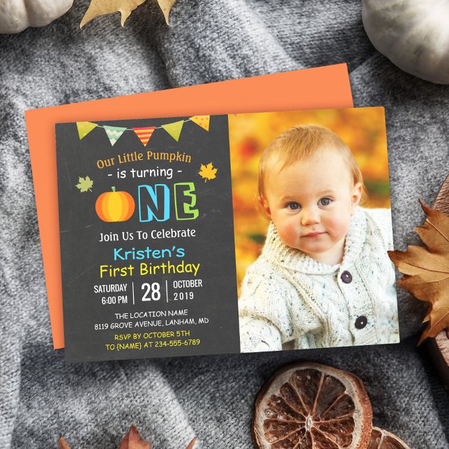 Invitation Chalkboard Citrouille Baby First Birthday Photo (Get ready for a day of joy and pumpkin-filled fun with this delightful and customizable invitation!)