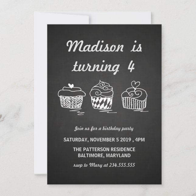 Invitation Chalkboard Cute Cupcakes Hearthday Party (Devant)