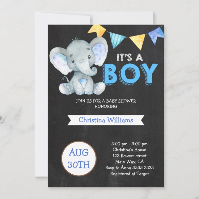 Invitation Chalkboard Cute Elephant Baby shower garçon (Devant)
