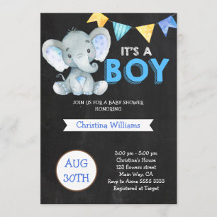 Invitation Chalkboard Cute Elephant Baby shower garçon