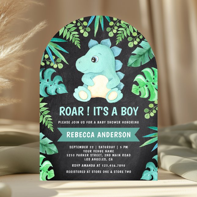 Invitation Chalkboard Cute Turquoise Dinosaur Arch Baby showe (Créateur téléchargé)