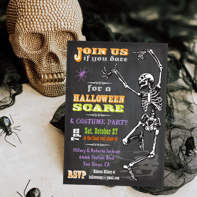 Invitation Chalkboard Dancing Skeleton Halloween Party Invite (Créateur téléchargé)