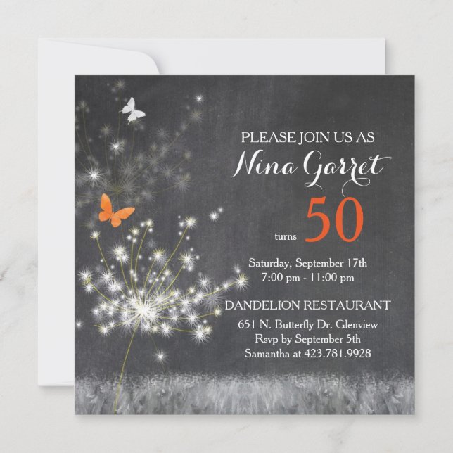 Invitation Chalkboard Dandelion 50e anniversaire fête (Devant)