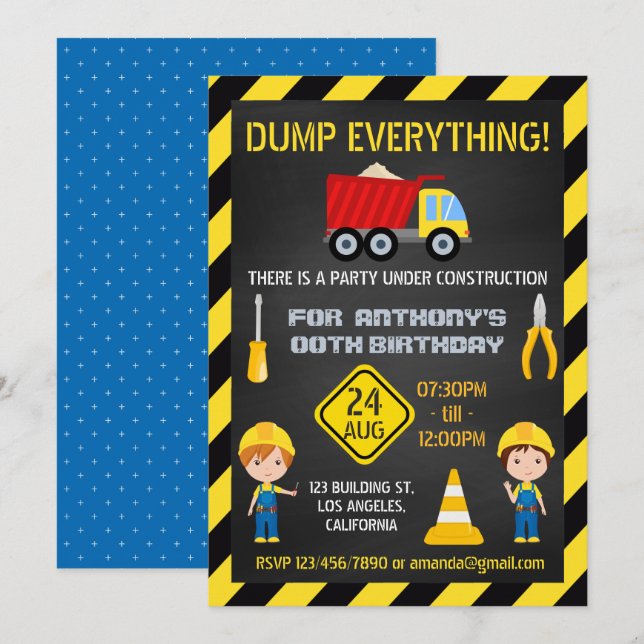 Invitation Chalkboard de construction Anniversaire Fête n'imp (Devant / Derrière)