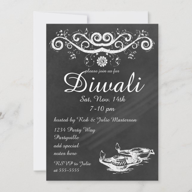 Invitation Chalkboard Diwali avec Deepas et Lotus (Devant)