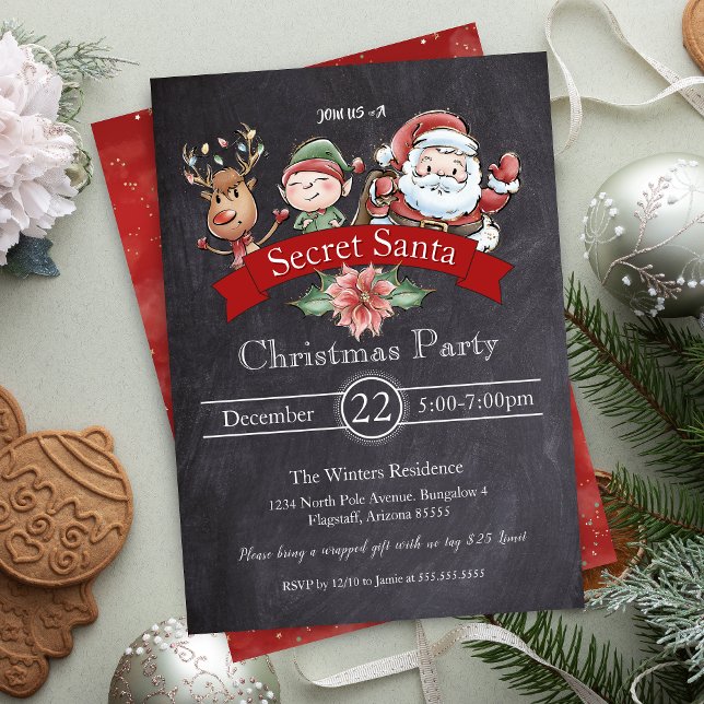 Invitation Chalkboard échange cadeau secret Père Noël Noël (secret santa party invitations for holiday office party annual christmas party or gift exchange)