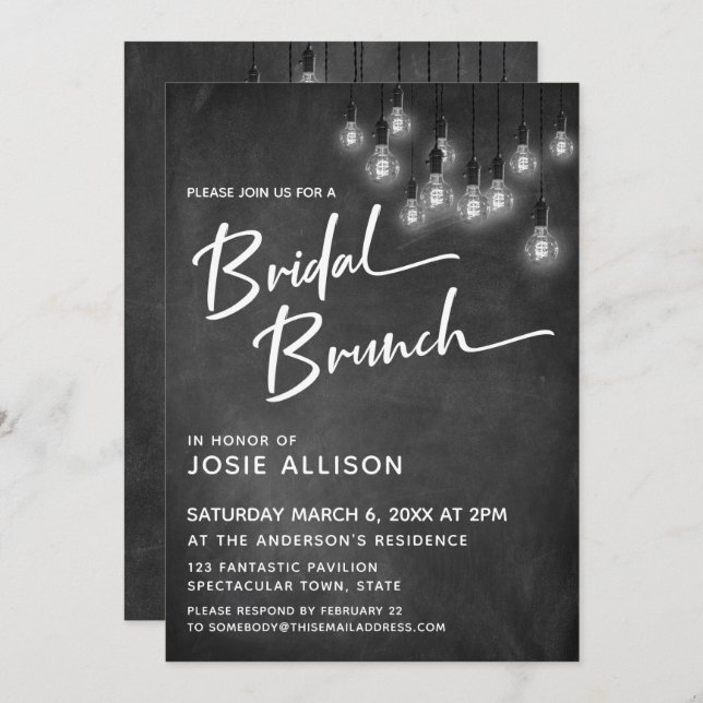 Invitation Chalkboard Edison Lights Moderne Brunch nuptial (Devant / Derrière)