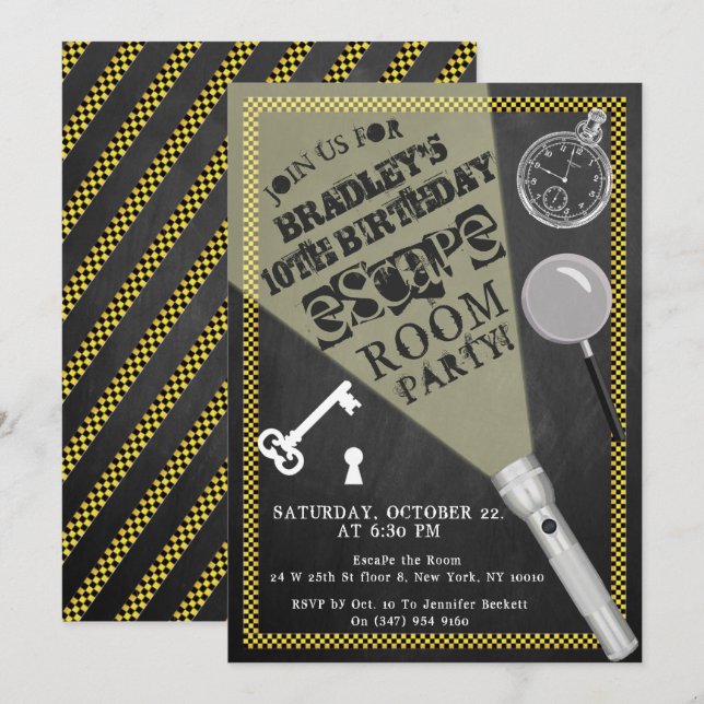 Invitation Chalkboard Escape Room Party Tout âge Anniversaire (Devant / Derrière)