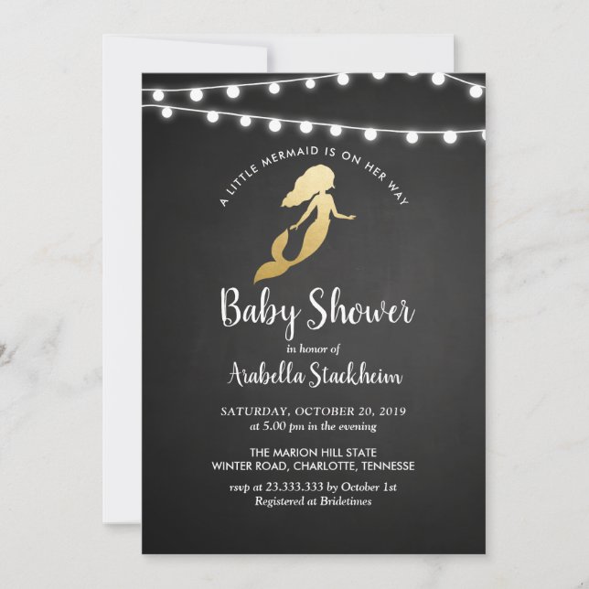 Invitation Chalkboard Faux Gold Foil Baby shower sirène (Devant)