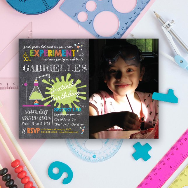 Invitation Chalkboard Fête de la Science Mad Anniversaire (Put on your lab coat and get ready for an incredible party with our Science Party Invitation.)