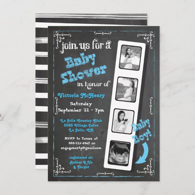Invitation Chalkboard Film Strip Ultrasound Baby Boy Douche (Devant / Derrière)