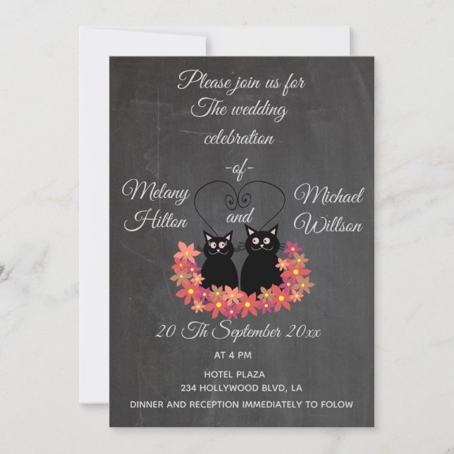 Invitation Chalkboard floral drôle mignon chat couple mariage (Devant)