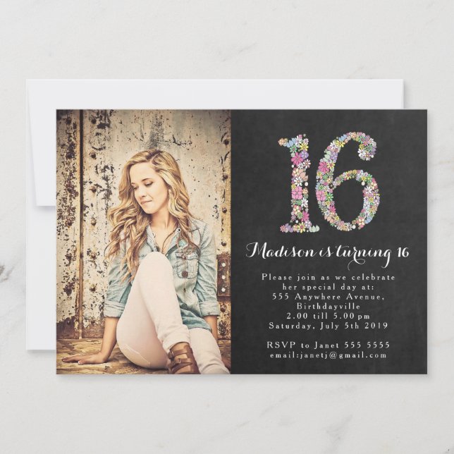 Invitation Chalkboard Floral Girls 16e anniversaire Invitatio (Devant)