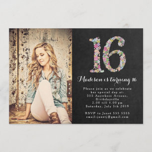 Invitation Chalkboard Floral Girls 16e anniversaire Invitatio