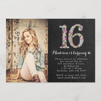 Invitation Chalkboard Floral Girls 16e anniversaire Invitatio