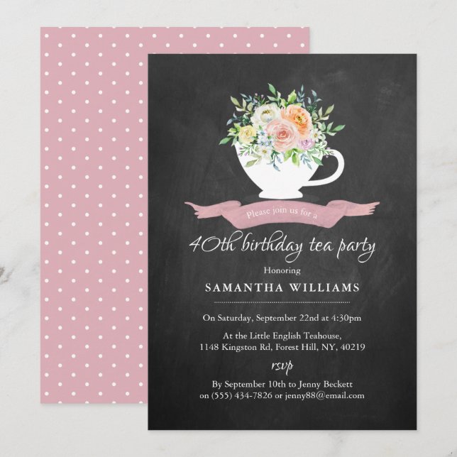 Invitation Chalkboard Floral Tea Party Anniversaire Tea Party (Devant / Derrière)