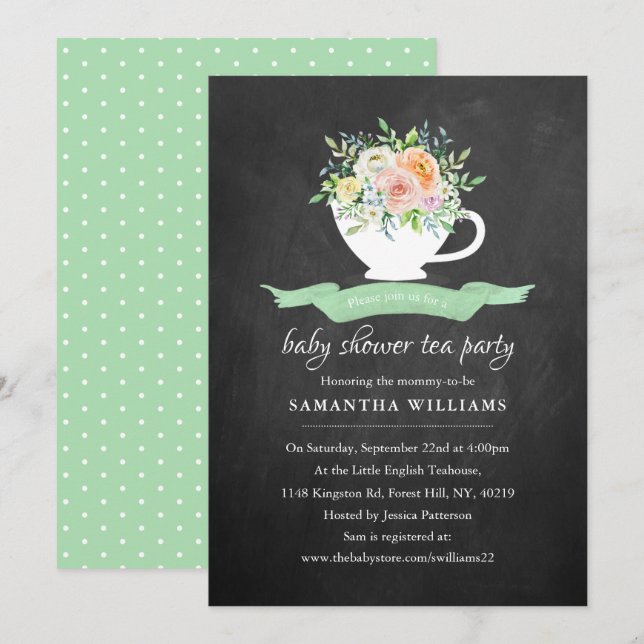 Invitation Chalkboard Floral Tea Party Baby shower Tea Party (Devant / Derrière)