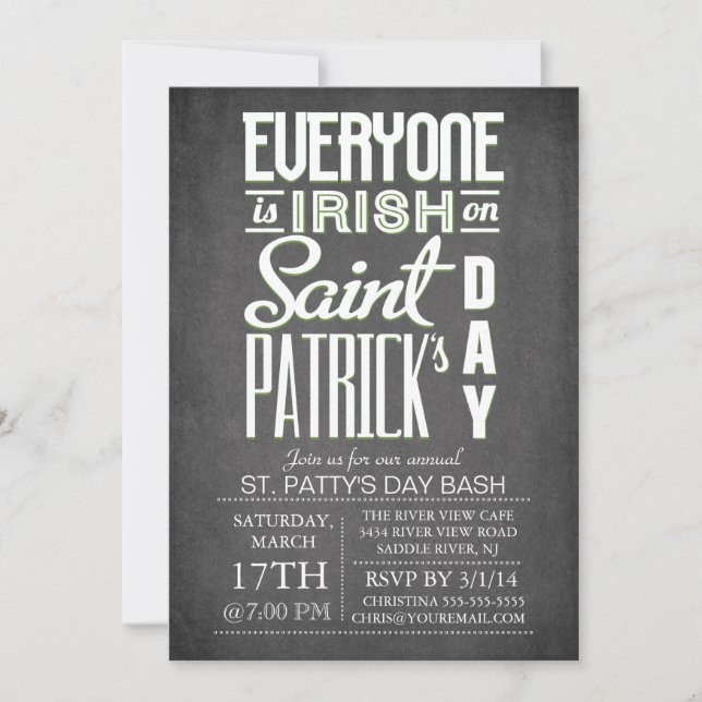 Invitation Chalkboard Fun Typographie St. Patrick's Day Party (Devant)