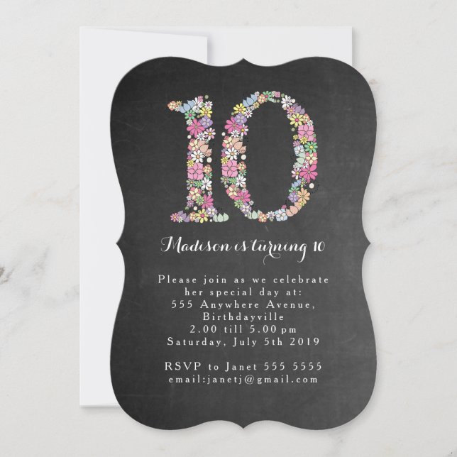 Invitation Chalkboard Girls Floral 10e anniversaire Invitatio (Devant)