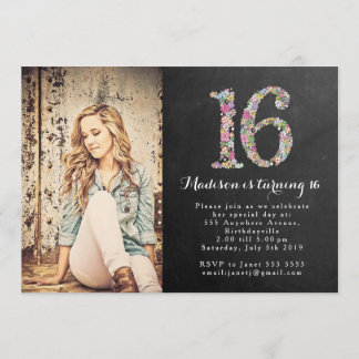 Invitation Chalkboard Girls Floral 16e anniversaire Invitatio