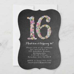 Invitation Chalkboard Girls Floral 16e anniversaire Invitatio