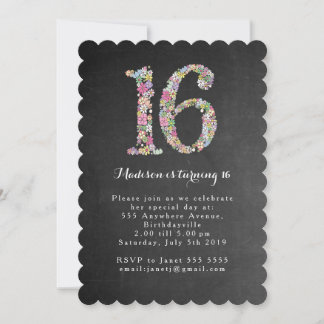 Invitation Chalkboard Girls Floral 16e anniversaire Invitatio