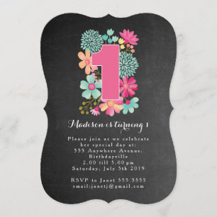 Invitation Chalkboard Girls Floral 1er anniversaire Invitatio