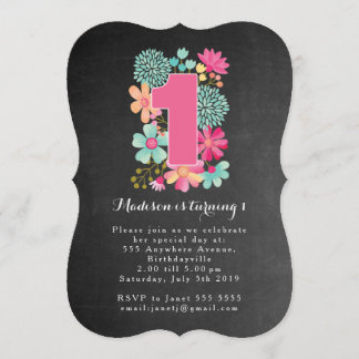 Invitation Chalkboard Girls Floral 1er anniversaire Invitatio