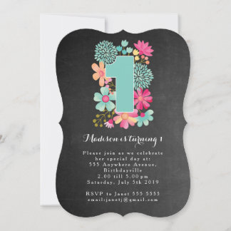Invitation Chalkboard Girls Floral 1er anniversaire Invitatio