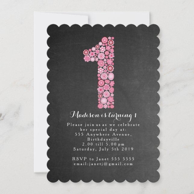 Invitation Chalkboard Girls Rose Floral 1er anniversaire (Devant)
