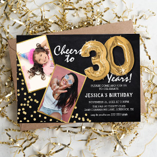 Invitation Chalkboard Gold Balloons 2 Photo 30e anniversaire