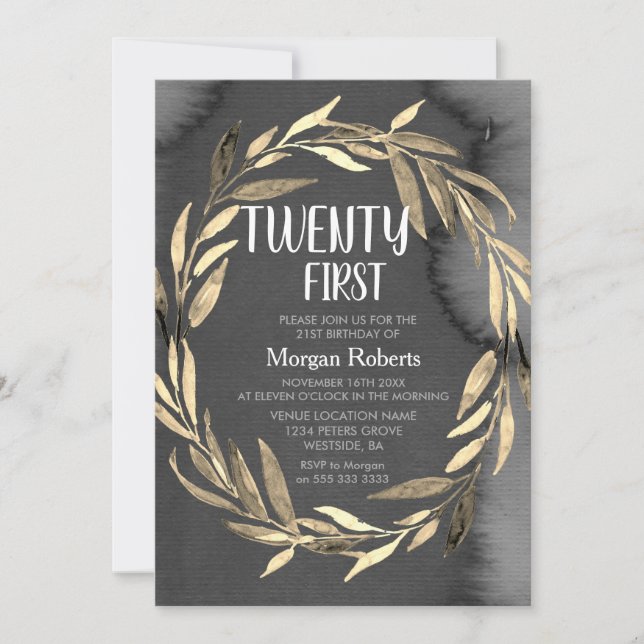 Invitation Chalkboard Gold Leaf Wreath 21e fête d'anniversair (Devant)