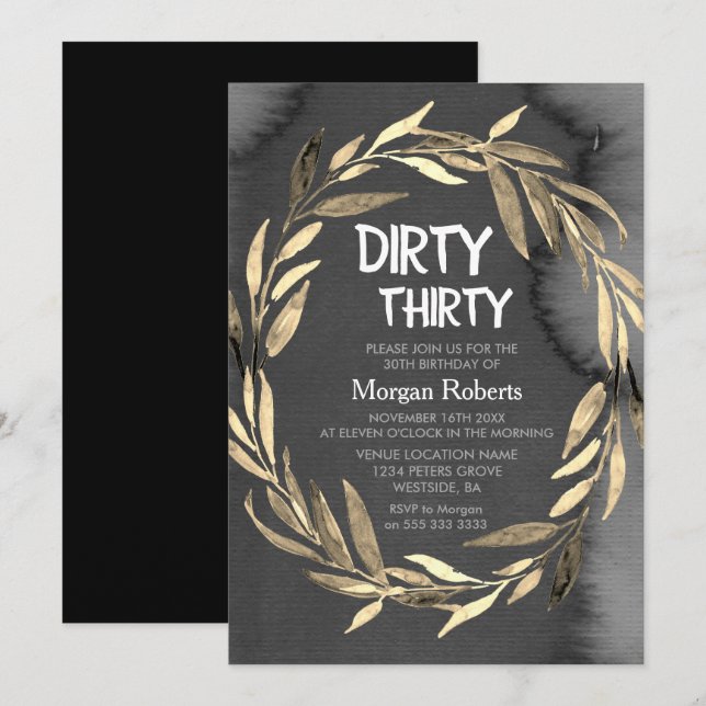 Invitation Chalkboard Gold Leaf Wreath 30th Birthday Party (Devant / Derrière)