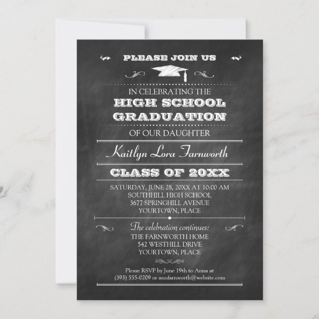 Invitation Chalkboard Graduation Mortarboard Casquette Party (Devant)