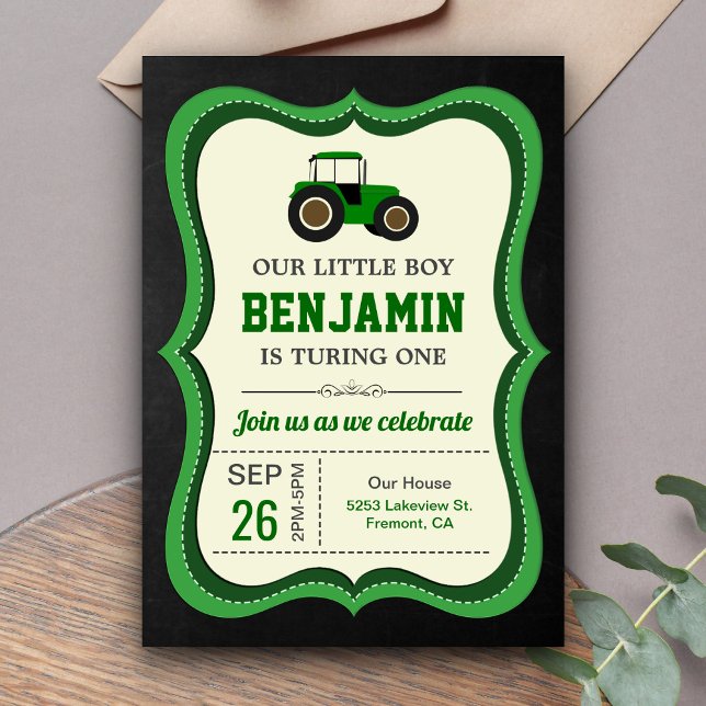 Invitation Chalkboard Green Farm Tractor Anniversaire de enfa (Créateur téléchargé)