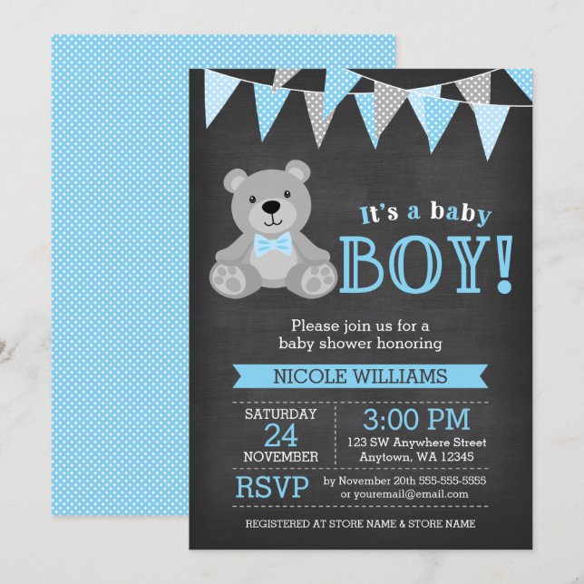 Invitation Chalkboard Gris Teddy Bear Baby shower garçon (Devant / Derrière)