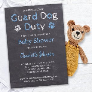Invitation Chalkboard Guard Chien Duty Blue Boy Baby shower