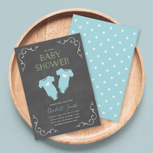 Invitation Chalkboard Hearts Twin Boys Baby shower bleu
