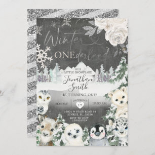 Invitation Chalkboard Hiver Animal Onederland Anniversaire