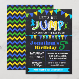 Invitation Chalkboard Jump anniversaire trampoline bleu fête