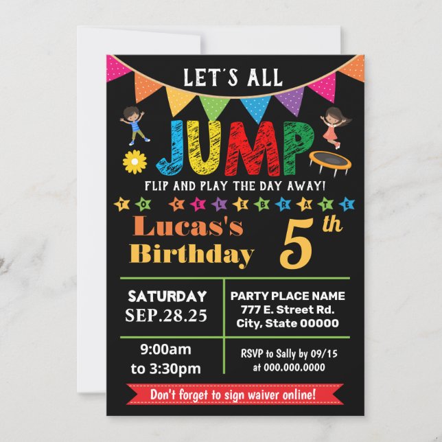 Invitation Chalkboard Jump anniversaire trampoline bonjour fê (Devant)